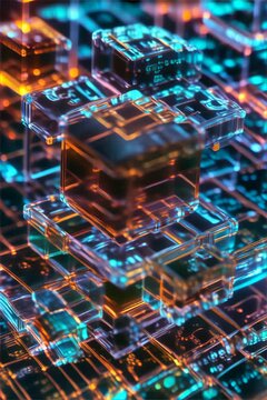 Close-up of Blockchain and Artificial Intelligence in Quantum Computing, all within a dark Augmented Reality