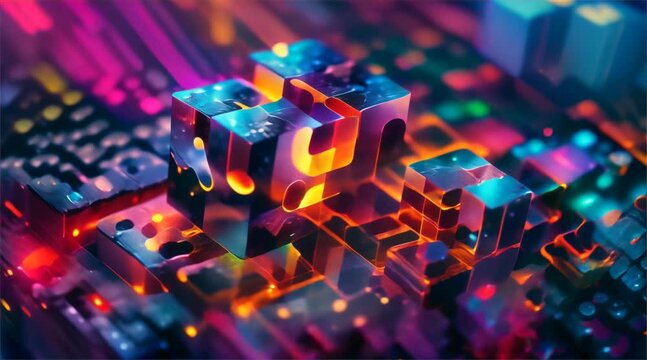 Futuristic business strategy puzzle, 3D conceptual pieces merging, glowing neon on dark