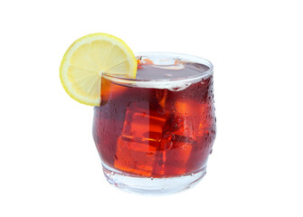 Glass of tasty cold ice tea and fresh lemon on white background with clipping path. iced teas and lemon garnish. herbal drink concept