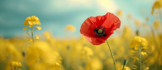 Beautiful Poppy Flower Standing Out in a Vibrant Yellow Field of Flowers