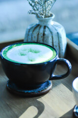 green tea or matcha green tea, milk green tea or matcha latte or matcha green tea latte and vase