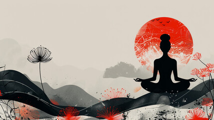 Corporate wellness program flyer, incorporating red, black, and grey with calming boho patterns to promote a balanced work-life