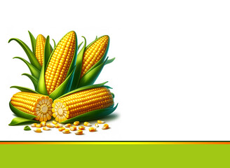  Digital illustration of corn cobs with yellow kernels and green leaves, Maize cob with yellow corn kernels and green leaves, isolated on white,  Illustration of corn cob with yellow kernels and green
