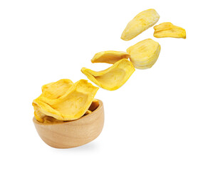 Falling dried jackfruit chips, 
dried jackfruit fruit in wooden bowl isolated on white background...
