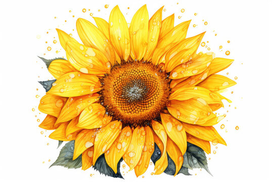 lite watercolor of sunflower wet intricate detailed isolated white background