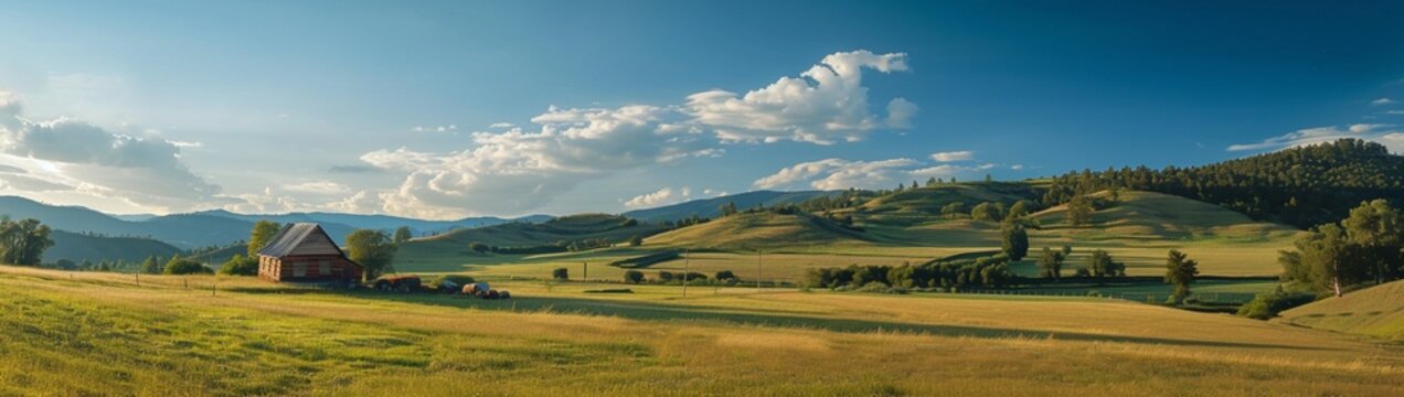 : A peaceful countryside scene with rolling hills, a charming farmhouse, and a clear blue sky.