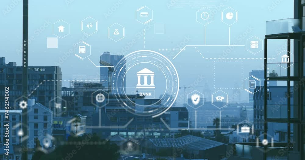 Poster animation of digital icons and data processing over cityscape