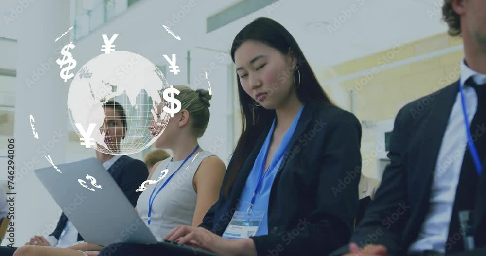 Poster animation of globe with business icons and data processing over diverse business people