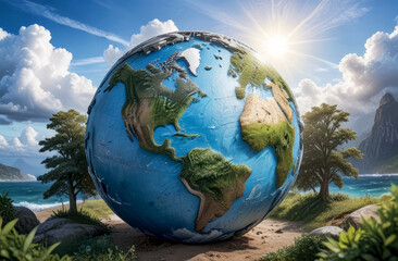 A globe to show the Earth's continents and oceans, blue sky, clouds on blurred background. Earth day and environmental conservation concept