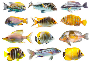 Collection of tropical ocean bright fish isolated on background, marine life with colorful fishes, aquarium underwater world concept.