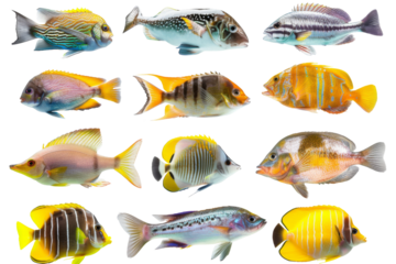 Collection of tropical ocean bright fish isolated on background, marine life with colorful fishes, aquarium underwater world concept.