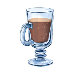 Glass cup coffee tea watercolor drawing. Glassware full transparent on leg. Drinkware aquarelle isolated white background. Goblet clear utensil tableware. Glassful tumbler vial. Tea drink coffee