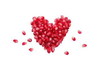 Pomegranate seed, Fresh ripe seeds isolated on white background with clipping path. Heart shape.