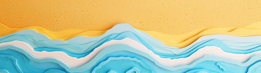 : A picturesque seaside summer long banner featuring paper-cut blue waves on the left side and golden yellow beach sand on the right. 