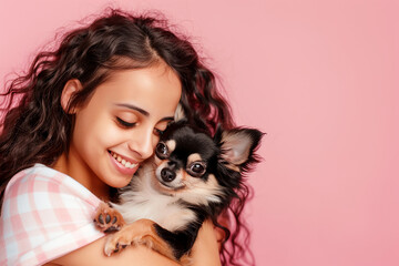 Happy woman portrait with a chihuahua dog in her hands isolated on pink