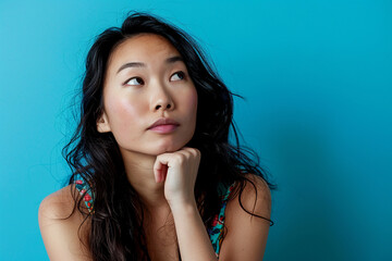 Portrait of pensive asian woman isolated on blue - obrazy, fototapety, plakaty