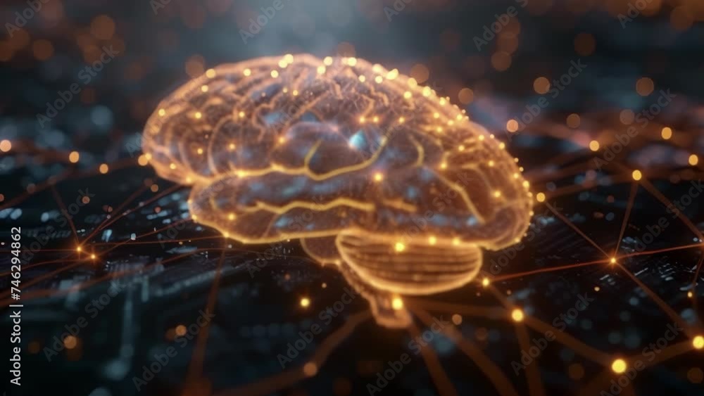Poster a network of electronic nodes pulsates in the shape of a human brain highlighting the cognitive powe