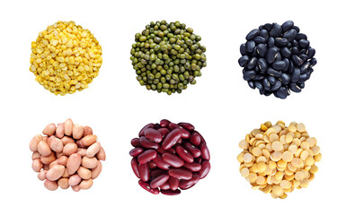 Collection of mix bean (green mung, yellow split bean, red kidney, black bean, yellow split peas, panut) isolated on white background with clipping path. Top view.