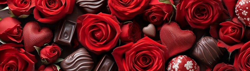 : A romantic banner capturing the essence of Valentine's Day with a charming arrangement of red roses, decadent chocolates, and delicate fabric hearts. 