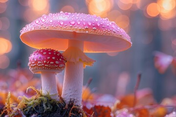 Fly Agaric red and white poisonous mushroom or toadstool background in the forest - obrazy, fototapety, plakaty