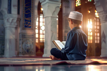 Religious Muslim little boy reading Koran Bible book in mosque - obrazy, fototapety, plakaty