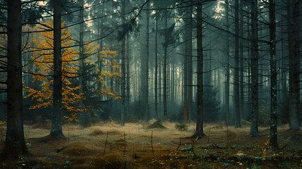 Autumn forest scene, Woodland walk in the new forest in Autumn, Scenic forest of fresh green deciduous trees framed by leaves,, Trees in the fog. The smoke in the forest, Beautiful forest, Generative 