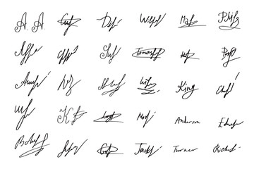 Set of handwritten signatures. Fake signatures for a business contract. Handwriting autograph set. Personal fictional signature calligraphy inscription. Write an imaginary document name. Vector illust - obrazy, fototapety, plakaty