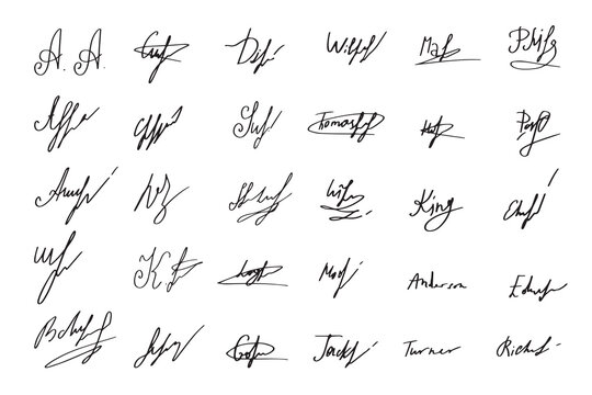 Set of handwritten signatures. Fake signatures for a business contract. Handwriting autograph set. Personal fictional signature calligraphy inscription. Write an imaginary document name. Vector illust