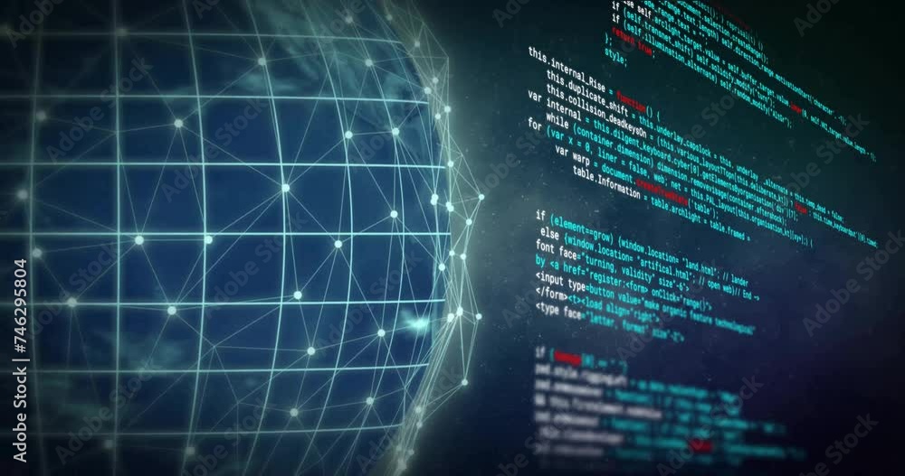Poster animation of digital data processing and globe with connections over black background