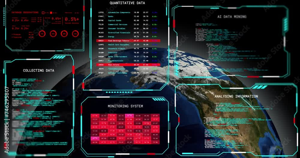 Poster Animation of digital data processing on screens and globe over black background