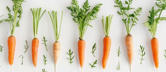 A neat row of fresh, uncut carrots with vibrant green tops and leaves, each individual carrot distinct against a white background. The carrots appear healthy and ready for harvesting. - obrazy, fototapety, plakaty