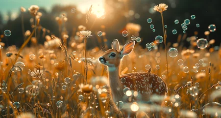 Rolgordijnen There is a baby deer on the soap-drop meadow © 하늘 나
