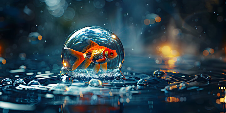  A goldfish in a bubble floating in water A colorful fish swims gracefully in a vibrant underwater world background and wallpaper 