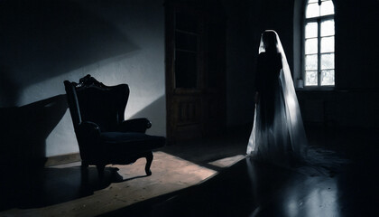 woman in black dress and veil in a dark room, horror and mystery atmosphere - obrazy, fototapety, plakaty