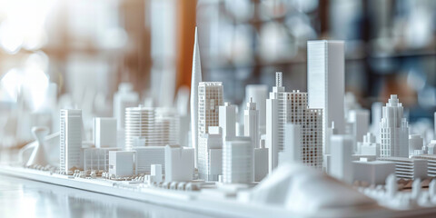  Futuristic Cityscape: Miniature Model Architectural Design Display Banner..Background color: The background primarily features a soft, blurred blend of light beige and white hues...Word: Banner - obrazy, fototapety, plakaty