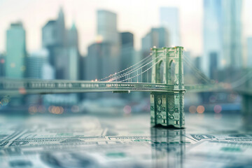 Conceptual Finance Art of Dollar Bills Shaped as Suspension Bridge Banner - obrazy, fototapety, plakaty