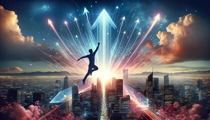 
Silhouette of a person leaping towards glowing arrows above a futuristic city at dusk, symbolizing ambition and progress.AI generated.