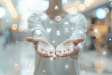 Futuristic Technology In Hands Amidst Ethereal Lights Sparkling Banner..The background color is predominantly a soft, blurred blue with warm bokeh light effects.