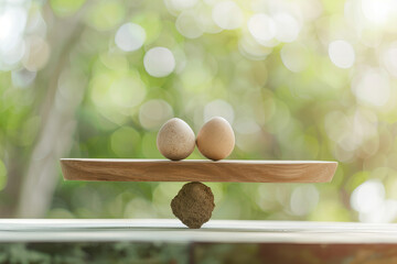Balance and Harmony in Nature: Two Eggs Perched Delicately on Wooden Plank Banner.