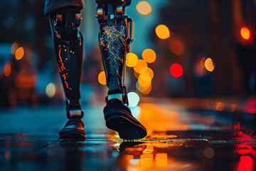 Futuristic Robotic Legs Stepping Technologically Forward Night Cityscape - obrazy, fototapety, plakaty