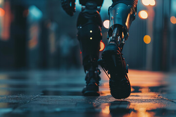 Futuristic Robotic Legs Stride Forward in Neon-Lit Evening Cityscape. - obrazy, fototapety, plakaty