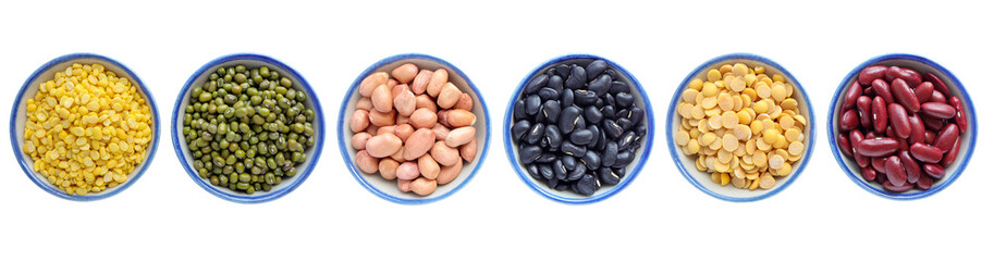 Collection of mix bean (green mung, yellow split bean, red kidney, black bean, yellow split peas, panut) in a bowl isolated on white background with clipping path.