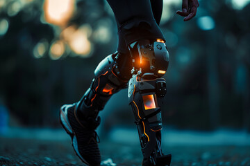 Futuristic Prosthetic Leg in Action During Twilight: Innovation in Motion.