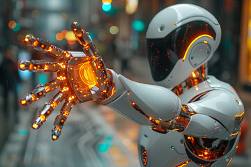 Fototapeta premium Futuristic Robot with Glowing Hand Mechanics in Urban Nightscape