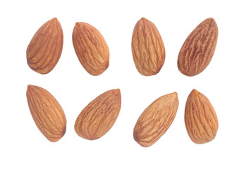 Set of multiple different dried Almonds, Almonds isolated on white background with clipping paths. Flat lay, top view