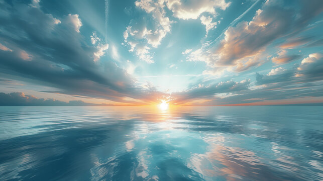 A picture of a serene ocean surface reflecting the sky during sunrise