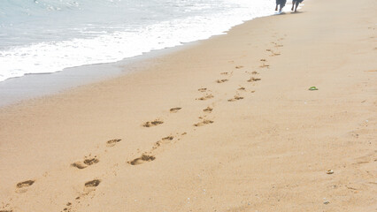 Footprints of humans on the beach.