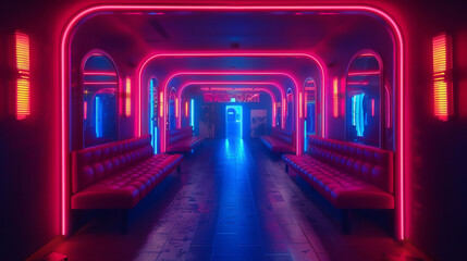 Neon-Lit Futuristic Train Interior Design , A vibrant, neon-lit interior of a futuristic train with sleek seats and a glowing, ambient atmosphere