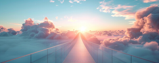 A breathtaking sunrise illuminates the sky above clouds, viewed from a glass bridge suspended high...