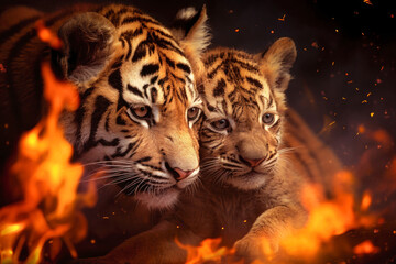 Two tigers briskly walk in front of a raging fire, symbolizing their escape from a dangerous forest blaze